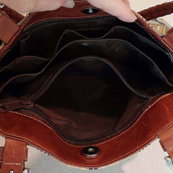 Brighton Vintage Striped Canvas Satchel with Leather Braided Straps - Picture 14 of 15